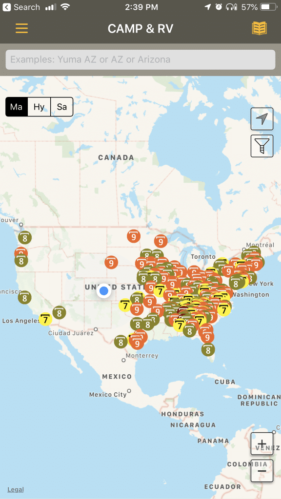 Screenshot of Allstays Camp and RV app showing low clearances on the east coast