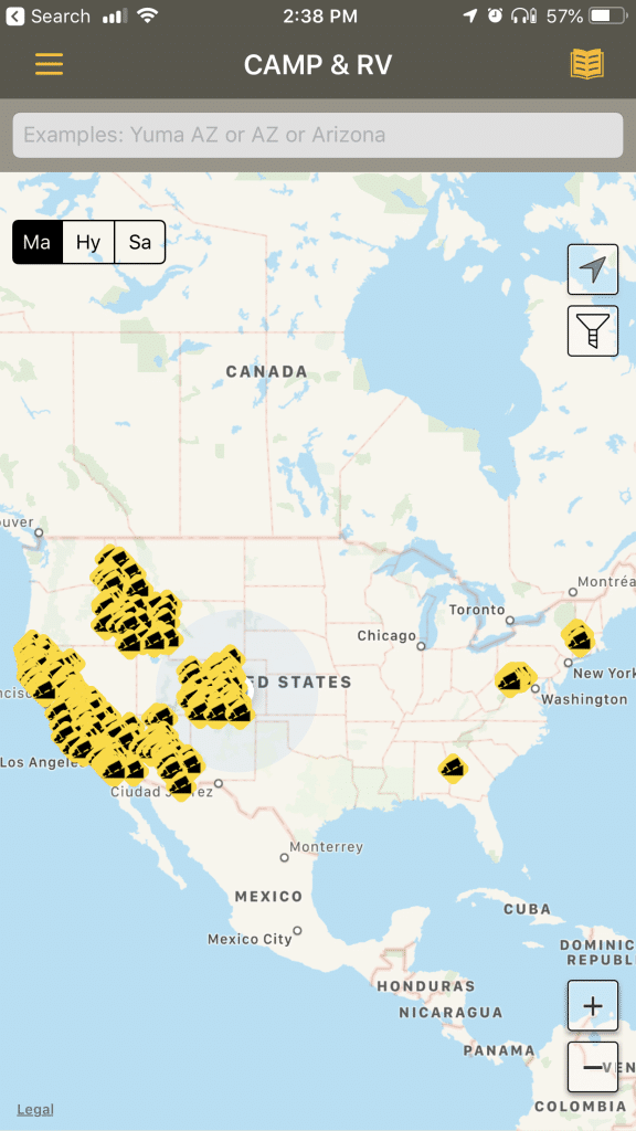 Screenshot of Allstays Camp and RV app showing steep grades across the US