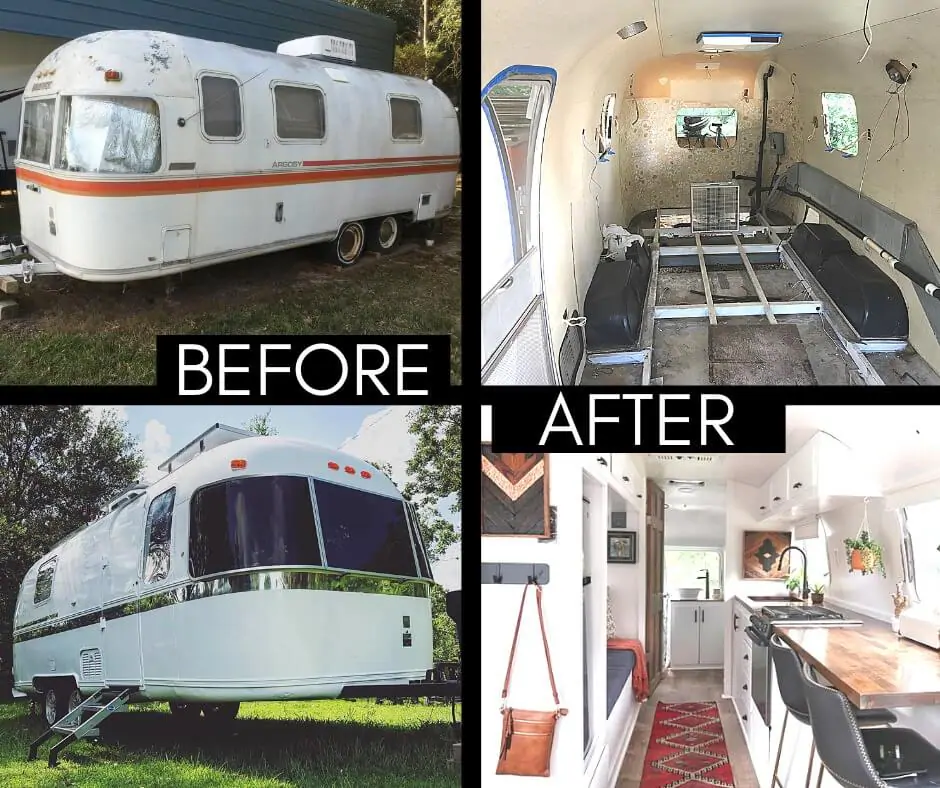 Before and After images of Drivin and Vibin's Airstream Argosy renovation