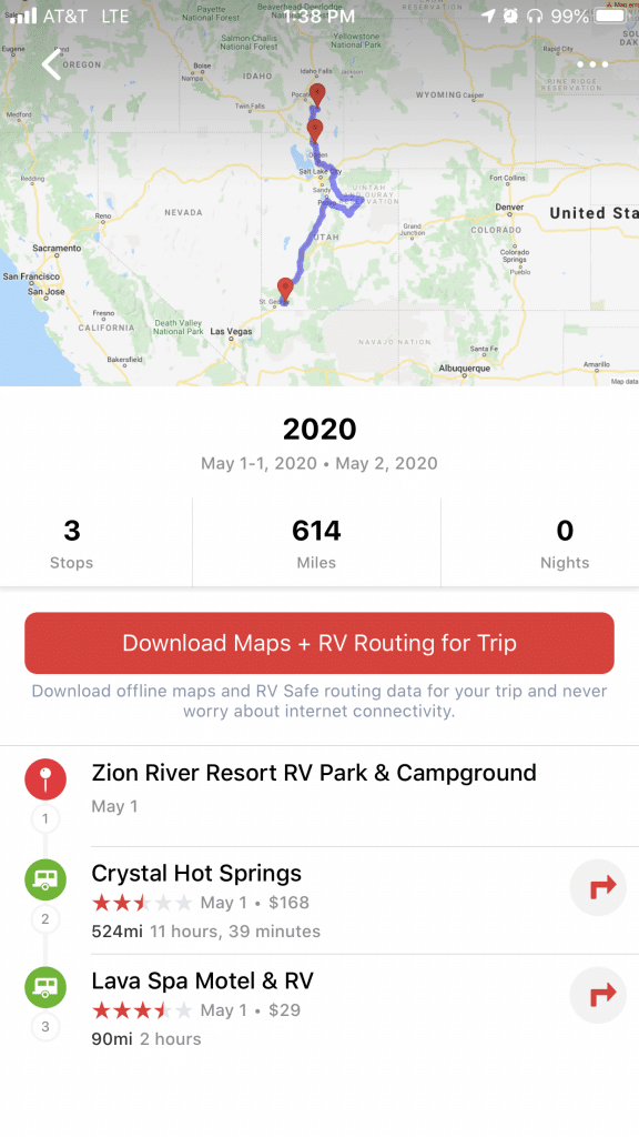 RV Life GPS app with the RV Trip Wizard planned trip automatically imported