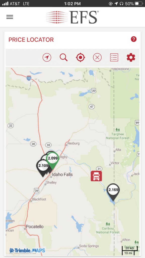 EFS CardControl App showing the prices of fuel on a map