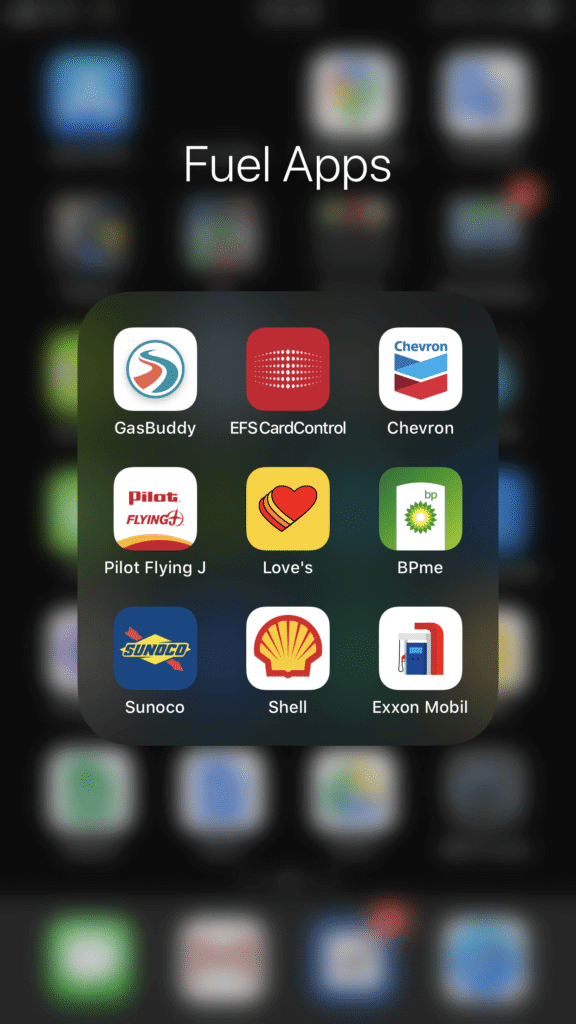 List of Fuel Apps on an iPhone, including GasBuddy and EFS CardControl