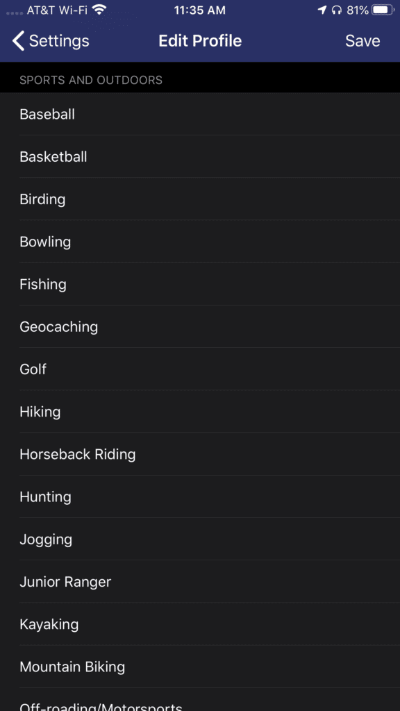 Profile settings for Sports and Outdoor interests in the Nomad Near Me app.