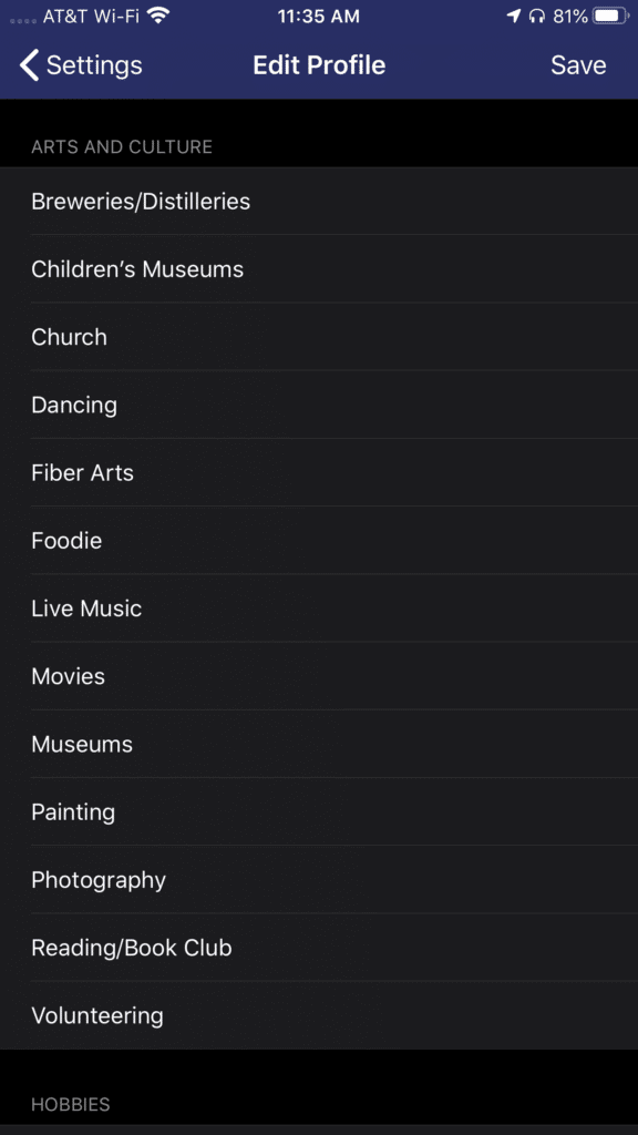 Arts and culture interests in the Nomad Near Me app.