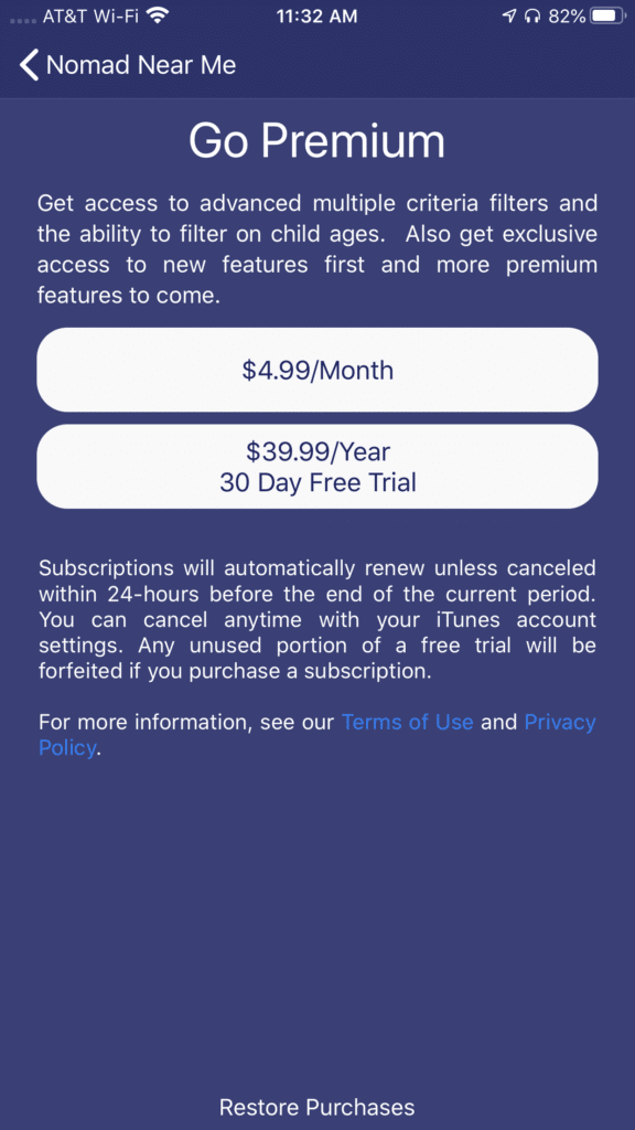 Purchase Premium tab on Nomad Near Me app
