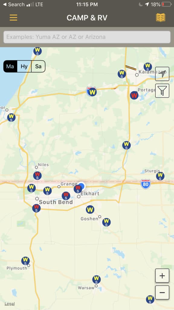 Walmart RV parking locations on the Allstays Camp and RV app