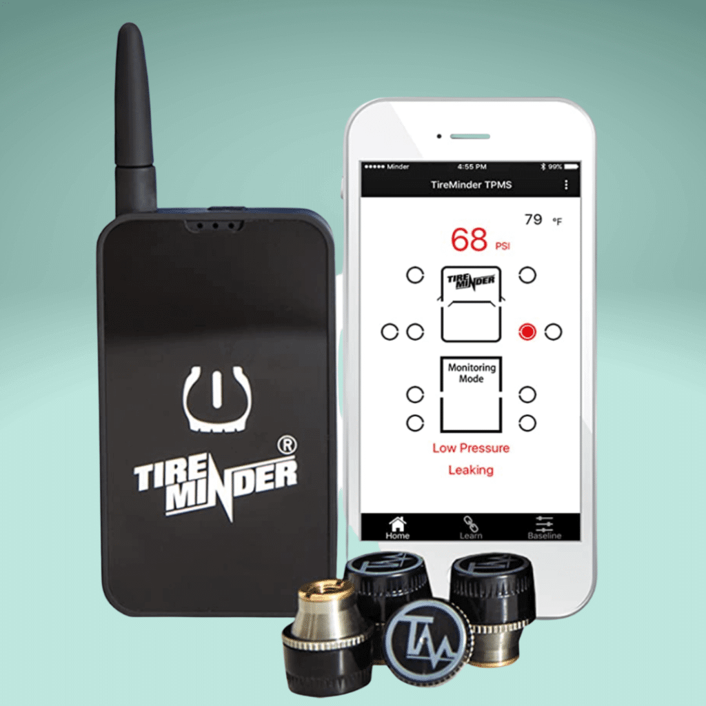 The TireMinder Smart RV TPMS device on a green background
