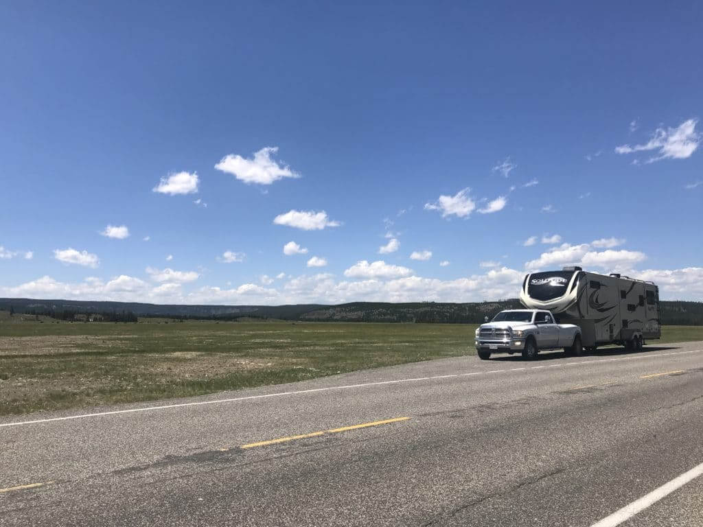 Fifth wheel RV attached to a RAM truck in Yellowstone National Park