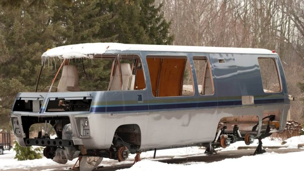 Old RV sitting with no wheels or windows in the snow and the damage is definitely not covered by RV insurance