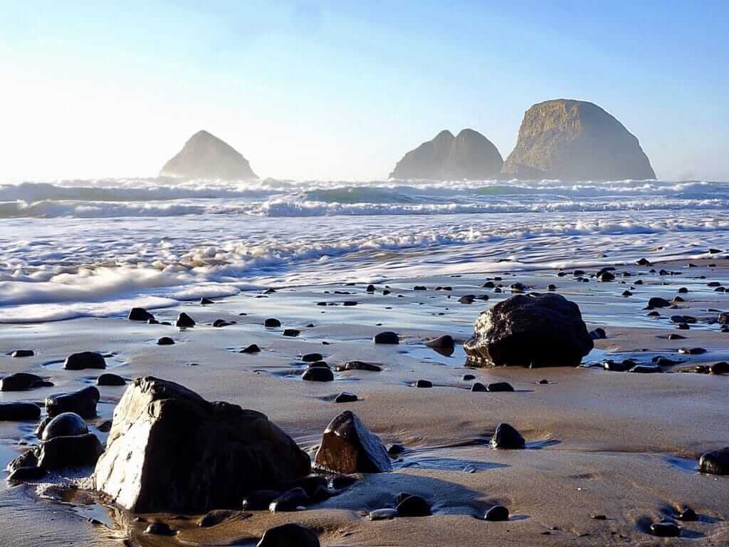 Rocks on the beach of the Pacfic Ocean along the Oregon coast