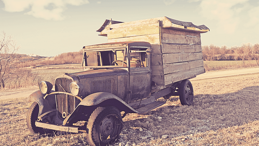 An antique recreational vehicle