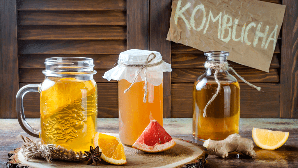 Homemade kombucha tea is shown in containers and also in a drinking mug with a slice of orange.