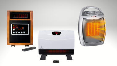 3 different types of RV electric heaters against a white background.