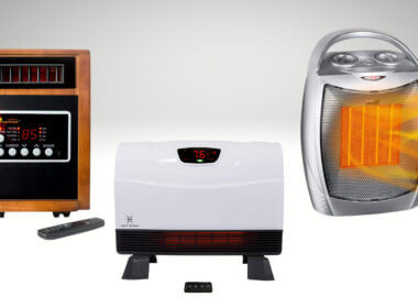 3 different types of RV electric heaters against a white background.