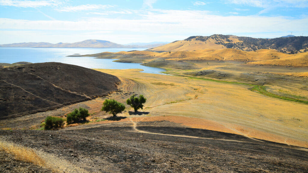 A landscape view of the San Luis Reservoir with rolling hills, blue water, and oak trees - making it an ideal destination for camping in central California.
