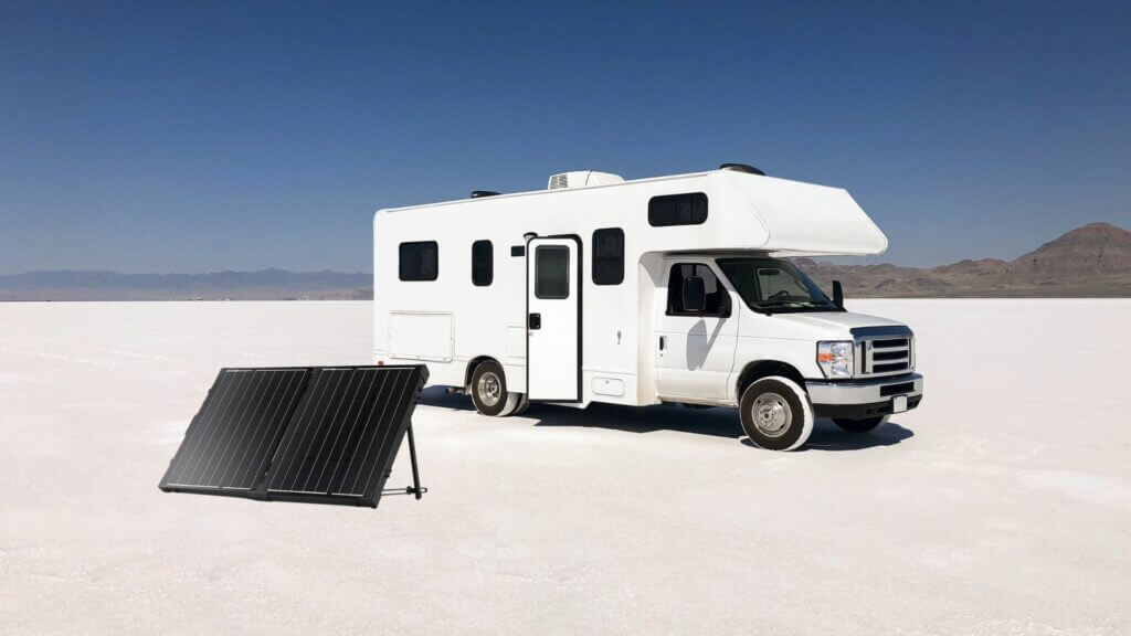 Portable Solar Panel deployed in front of RV while boondocking