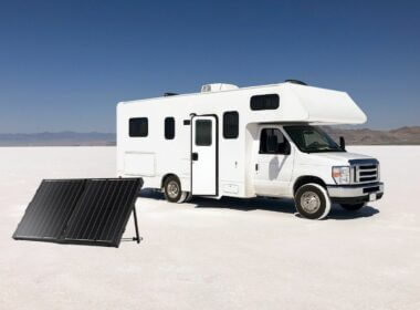 Portable Solar Panel deployed in front of RV while boondocking