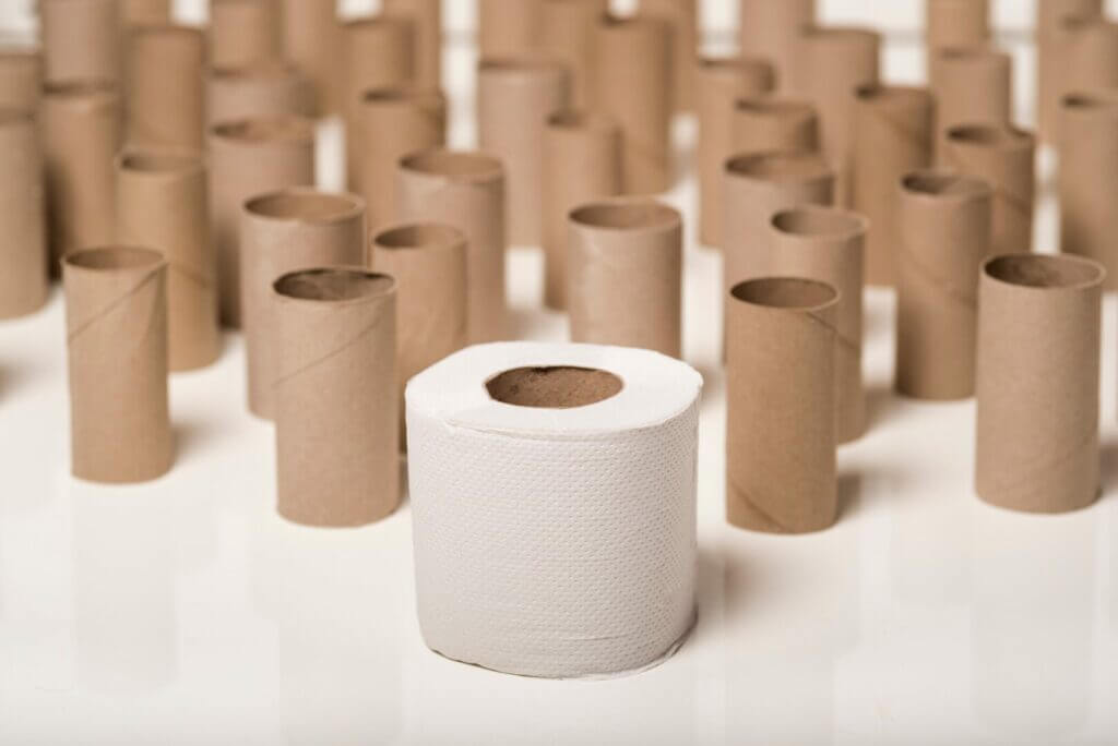 One full roll of toilet paper with tons of empty rolls behind it. Are you ready to consider a RV toilet paper alternative?