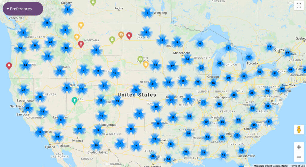 A U.S. map showing all of the harvest hosts locations. 