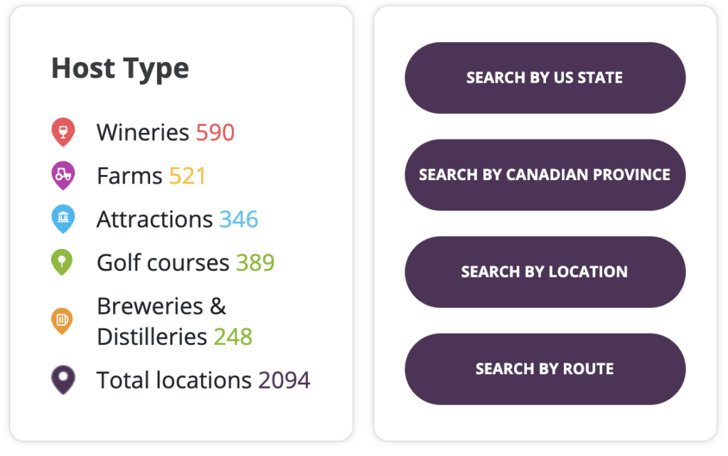 A screen shot from the harvest hosts website showing the number of wineries, farms, attractions, golf courses, breweries, and total locations. 