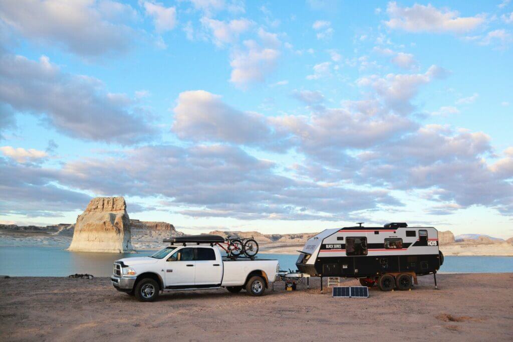 A person adhering to the boondocking etiquette rules by camping privately on Lone Rock.  