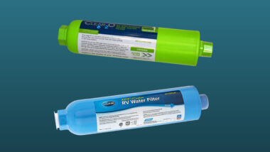 Clear2O inline water filter vs Camco TastePure RV water filter floating against a blue background.