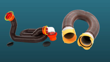Camco RhinoFlex vs Revolution sewer hose kits set against a dark blue background.