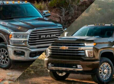 A Ram truck vs a Chevy truck with a slash between them.