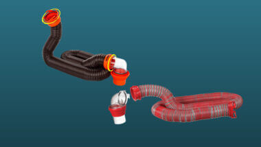 Camco RhinoFlex sewer hose vs Viper sewer hose kit set against a dark blue background.