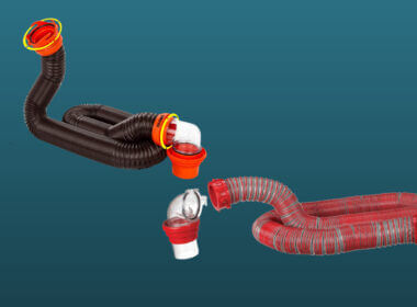 Camco RhinoFlex sewer hose vs Viper sewer hose kit set against a dark blue background.