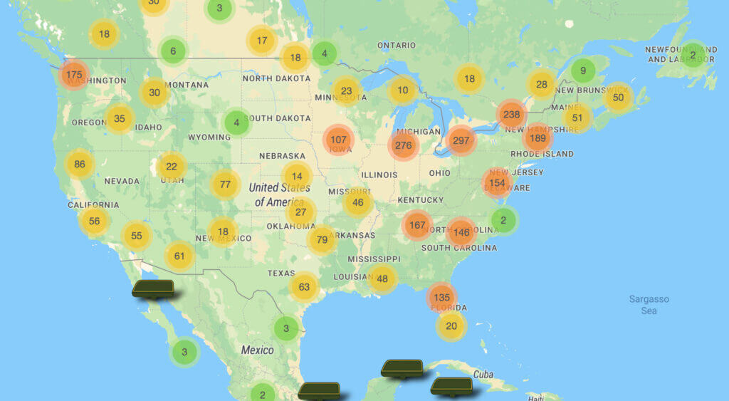 A screenshot of the map available on the Boondockers Welcome website showing all of the hosts in the US. 