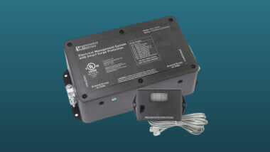 A progressive industries EMS HW30C surge protector set against a dark blue background.