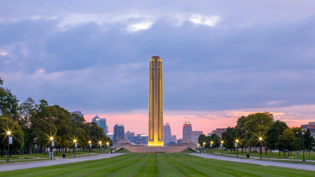 The National WWI Museum and Memorial glows in the evening light.