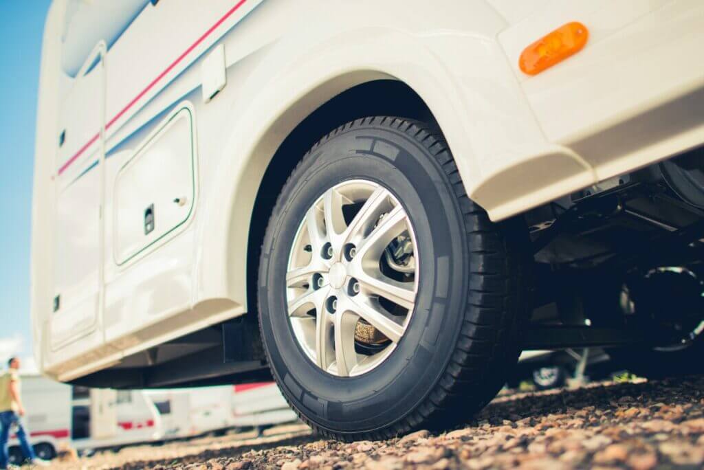 A camper tire with good RV tire pressure.