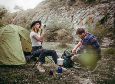 Couple camping in the mountains.