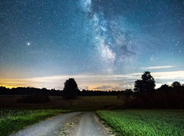 A dirt road leads into a dark starry night.