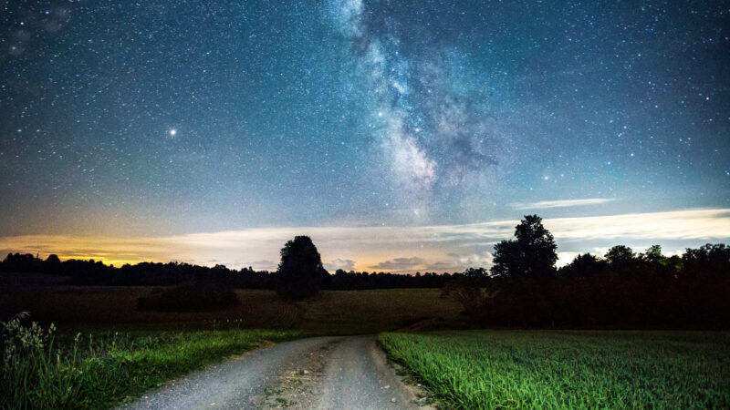 A dirt road leads into a dark starry night.