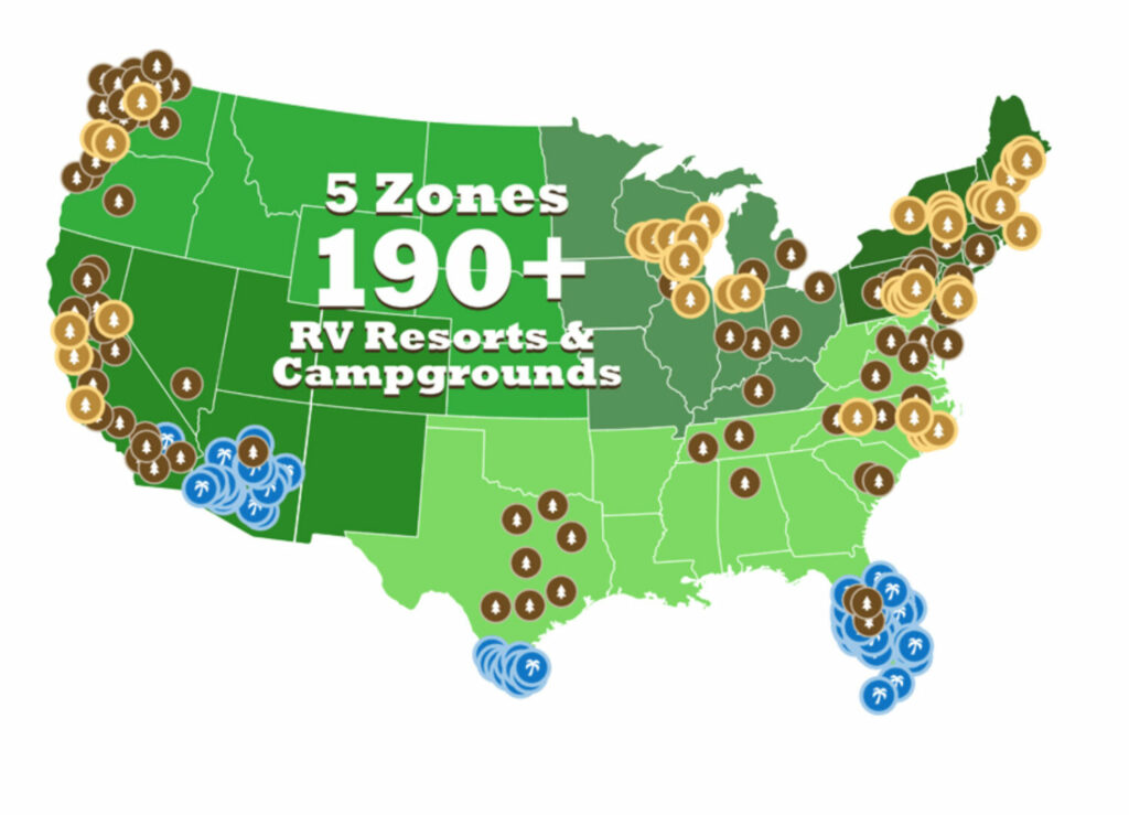 screen shot of the Thousand Trails website showing all of the campgrounds they own in the United States