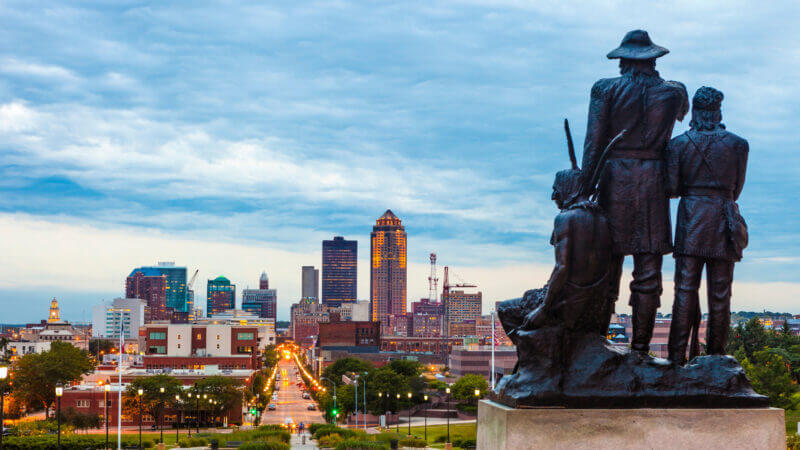 A skyline view of Des Moines Iowa from the capitol building.