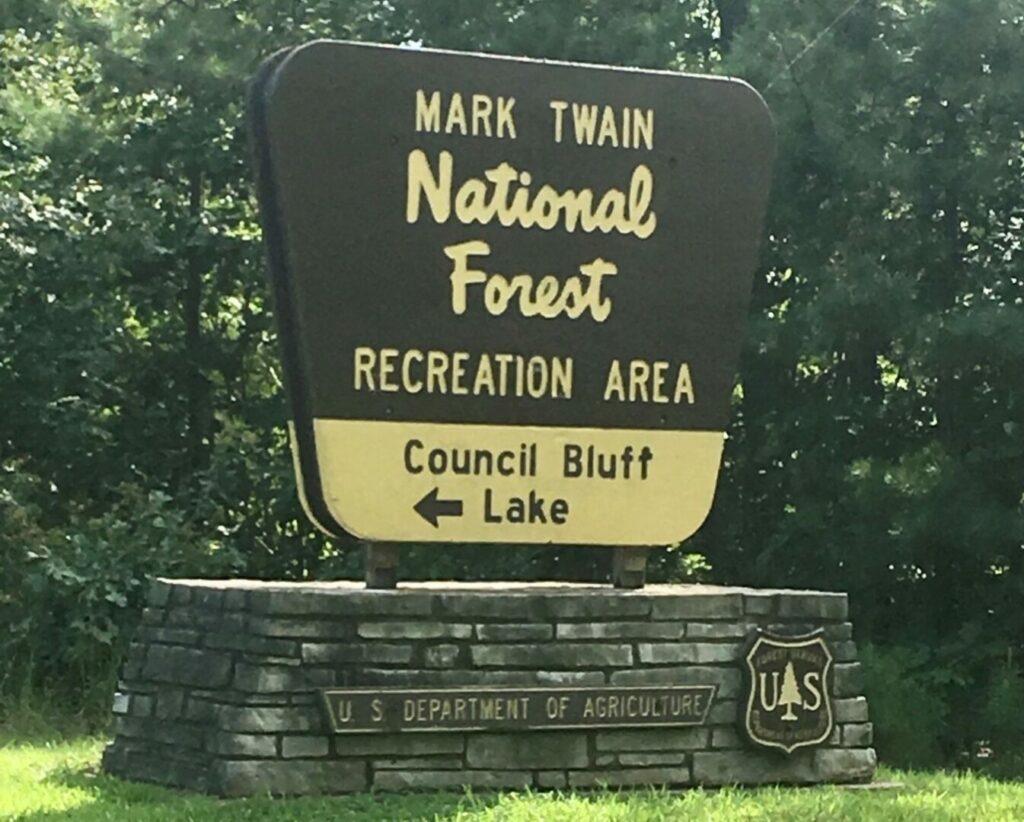 Mark Twain National Forest entry sign.