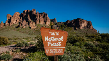The Tonto National Forest sign in front of the majestic red rock mountains in the background.