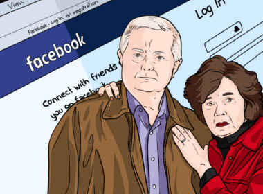 cartoon image of a man and woman looking shocked with the facebook login page in the background