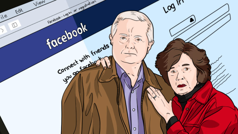 cartoon image of a man and woman looking shocked with the facebook login page in the background