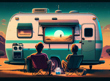 two campers sitting in beautiful site watching tv on the side of their travel trailer