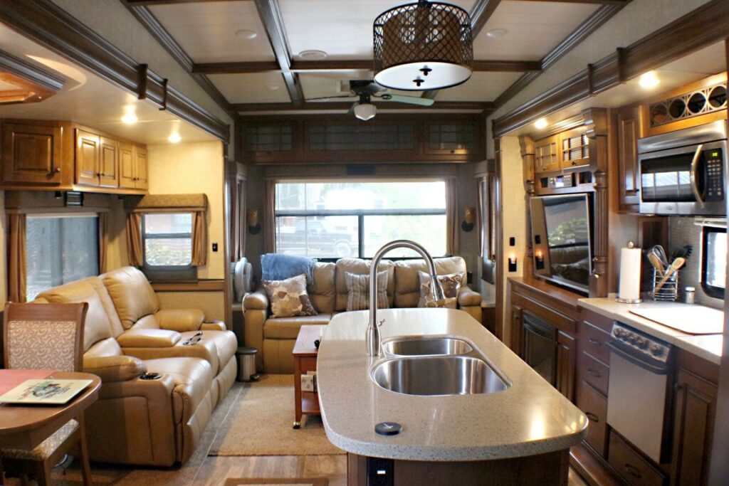 Interior of a manufactured travel trailer.