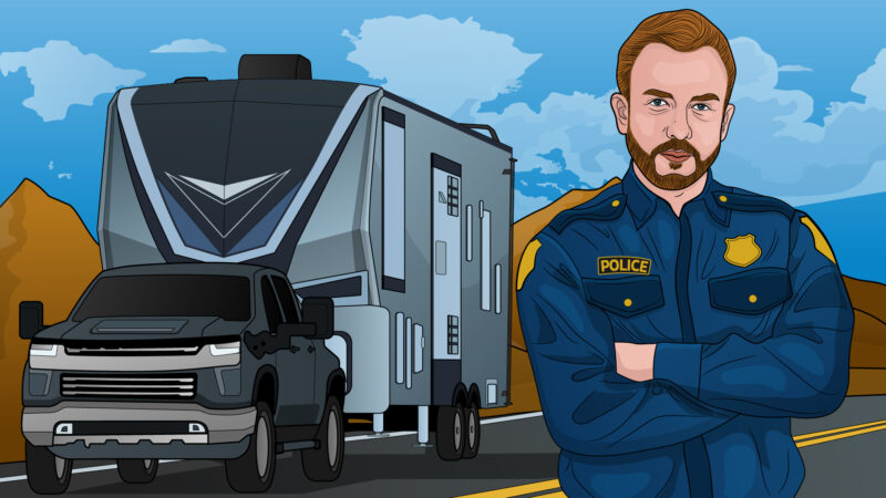 cartoon drawing of a police officer that has pulled over a fifth wheel with someone riding in the back