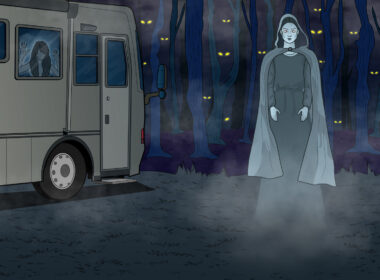 illustration of a ghostly women standing in front of an RV in the woods