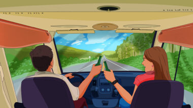 Cartoon drawing of a couple driving in an RV holding beer bottles