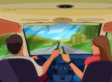 Cartoon drawing of a couple driving in an RV holding beer bottles