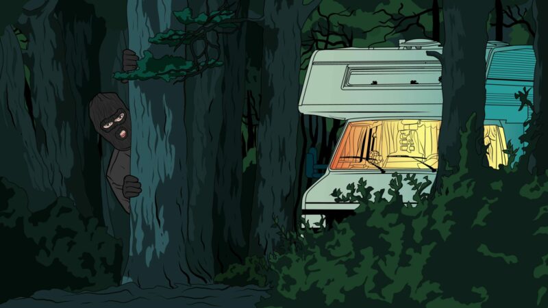 A burglar hiding in the dark forest behind a tree with a lit up RV parked nearby.